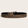 A brown leather belt with an antique silver buckle and embossed leaf pattern.