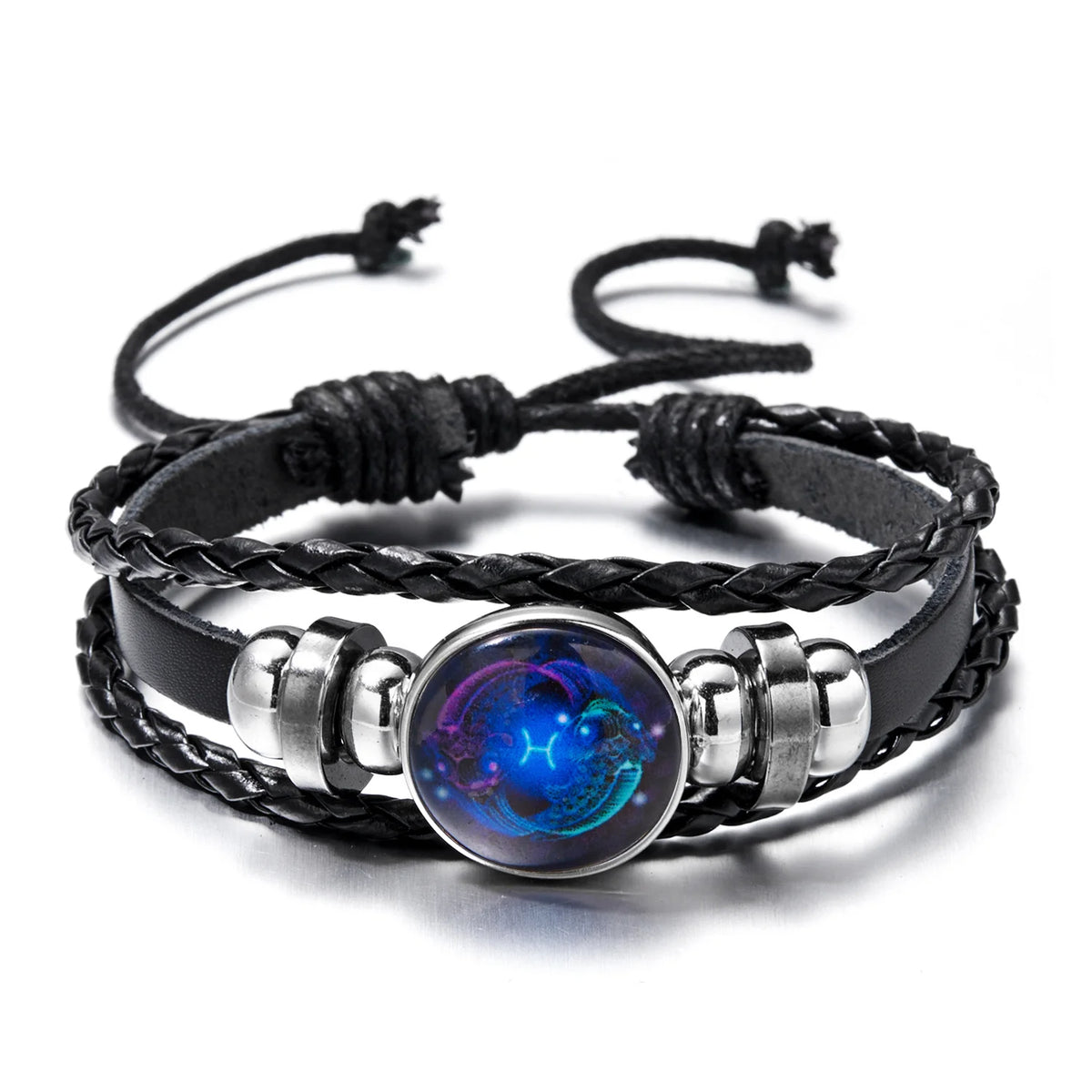 Black leather wrap bracelet featuring a glowing blue zodiac sign charm.