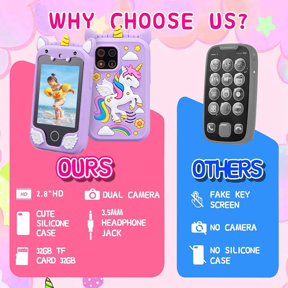 A purple unicorn-themed smartphone case featuring a dual camera and a headphone jack, displayed next to another phone.