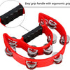 Red half-moon tambourine with a black grip handle and double row metal jingles