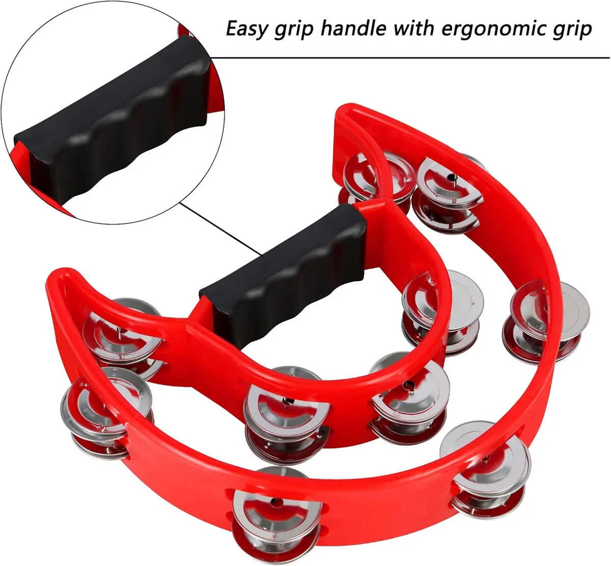 Red half-moon tambourine with a black grip handle and double row metal jingles