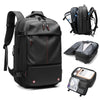 Black expandable travel laptop backpack shown in multiple views with vacuum compression features.