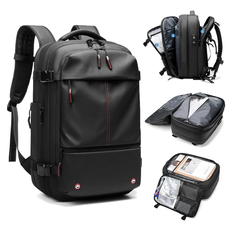 Black expandable travel laptop backpack shown in multiple views with vacuum compression features.
