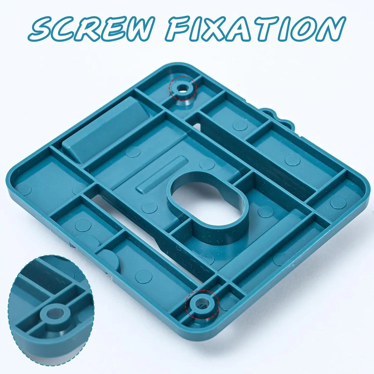 A teal screw fixation plate for wall mounting Makita 18V batteries and power tools.