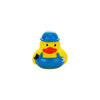 A yellow rubber duck bath toy with a blue cap and orange beak.