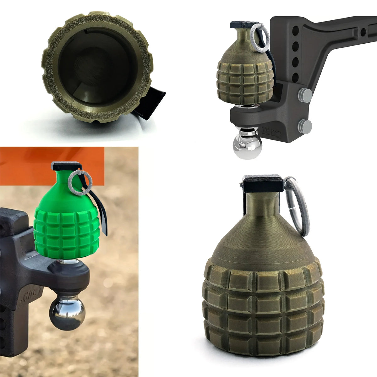 A set of universal tow ball cover protectors in olive green and bright green colors shown in various angles.
