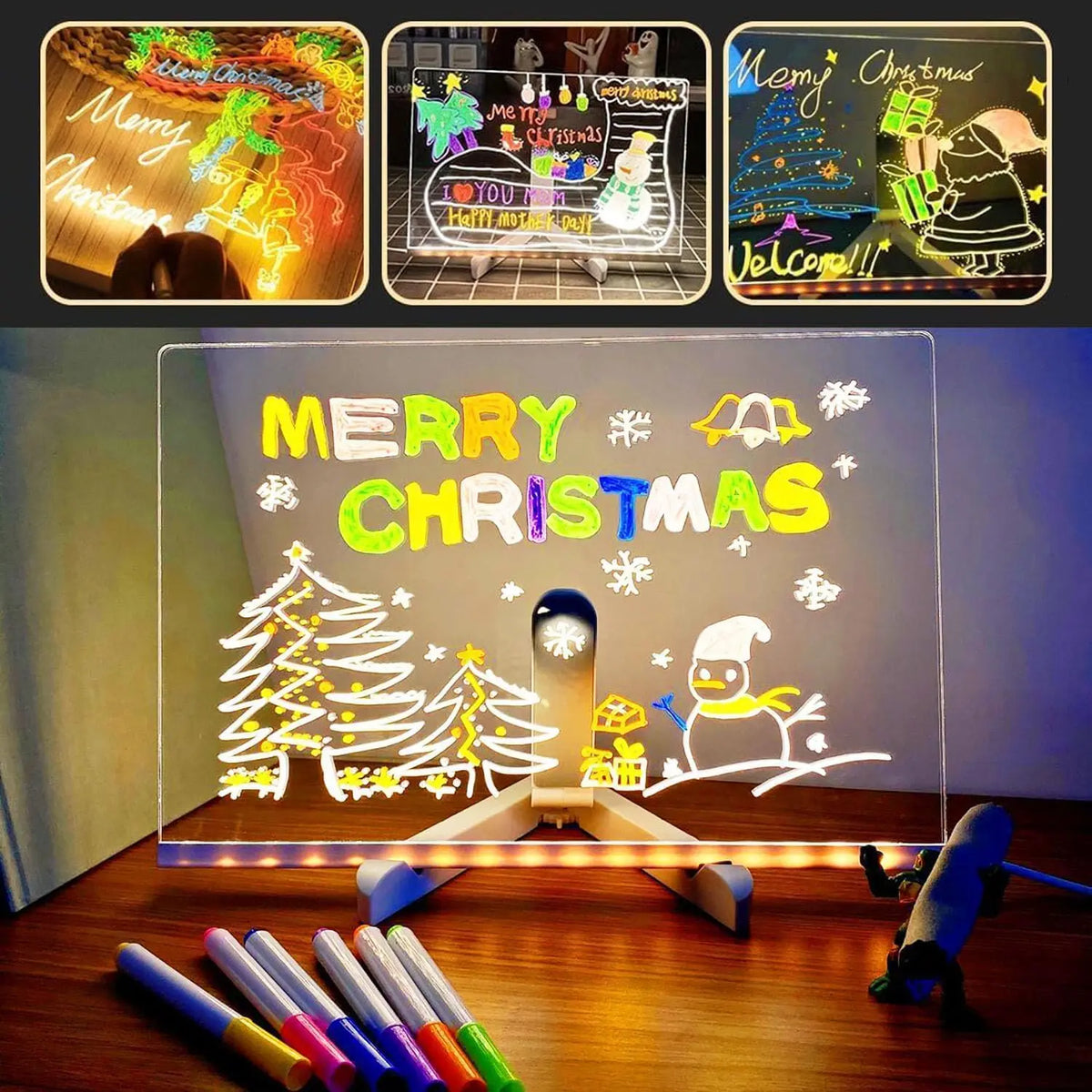 An LED drawing board with a Christmas theme featuring a lighted tree, reindeer, and a night light, alongside seven pens.
