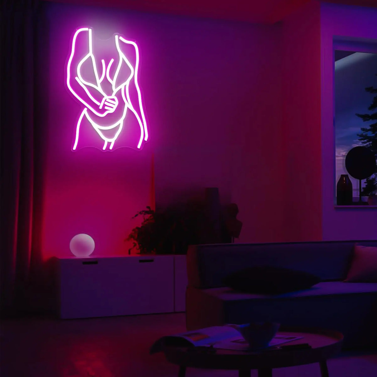 A pink neon silhouette wall sign depicting a figure in a dynamic pose illuminates a modern living room.