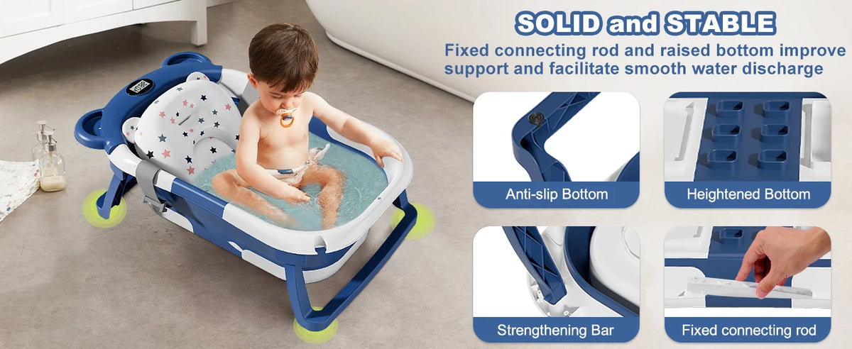 Collapsible Baby Bathtub with Thermometer and Floating Cushion