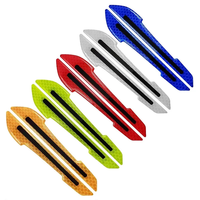 Five colored reflective glow-in-the-dark bumper strips for car mirrors in blue, red, green, yellow, and silver.