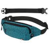 A teal water-resistant nylon fanny pack with a black adjustable strap shown flat and in use.
