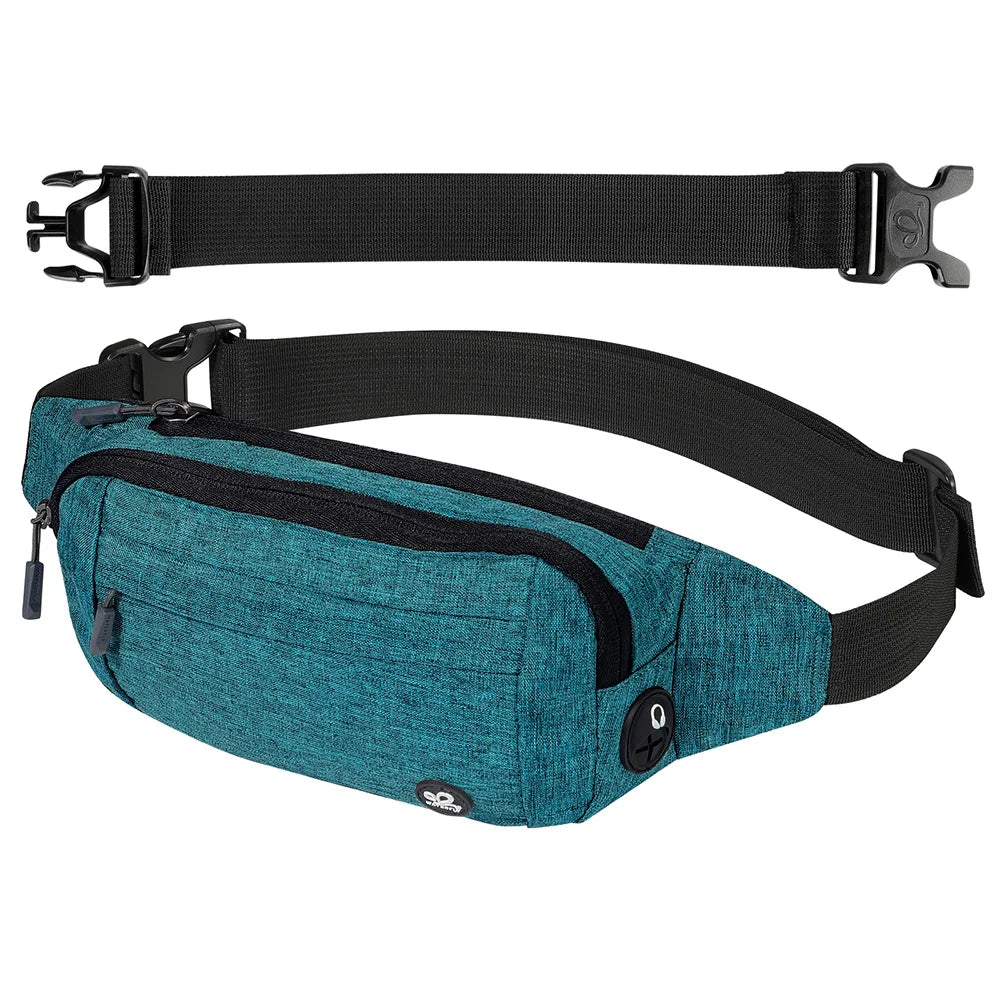 A teal water-resistant nylon fanny pack with a black adjustable strap shown flat and in use.