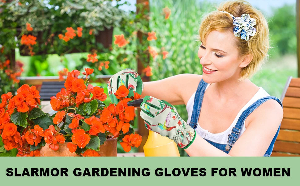A woman wearing green gardening gloves is tending to bright orange flowers in a garden setting.