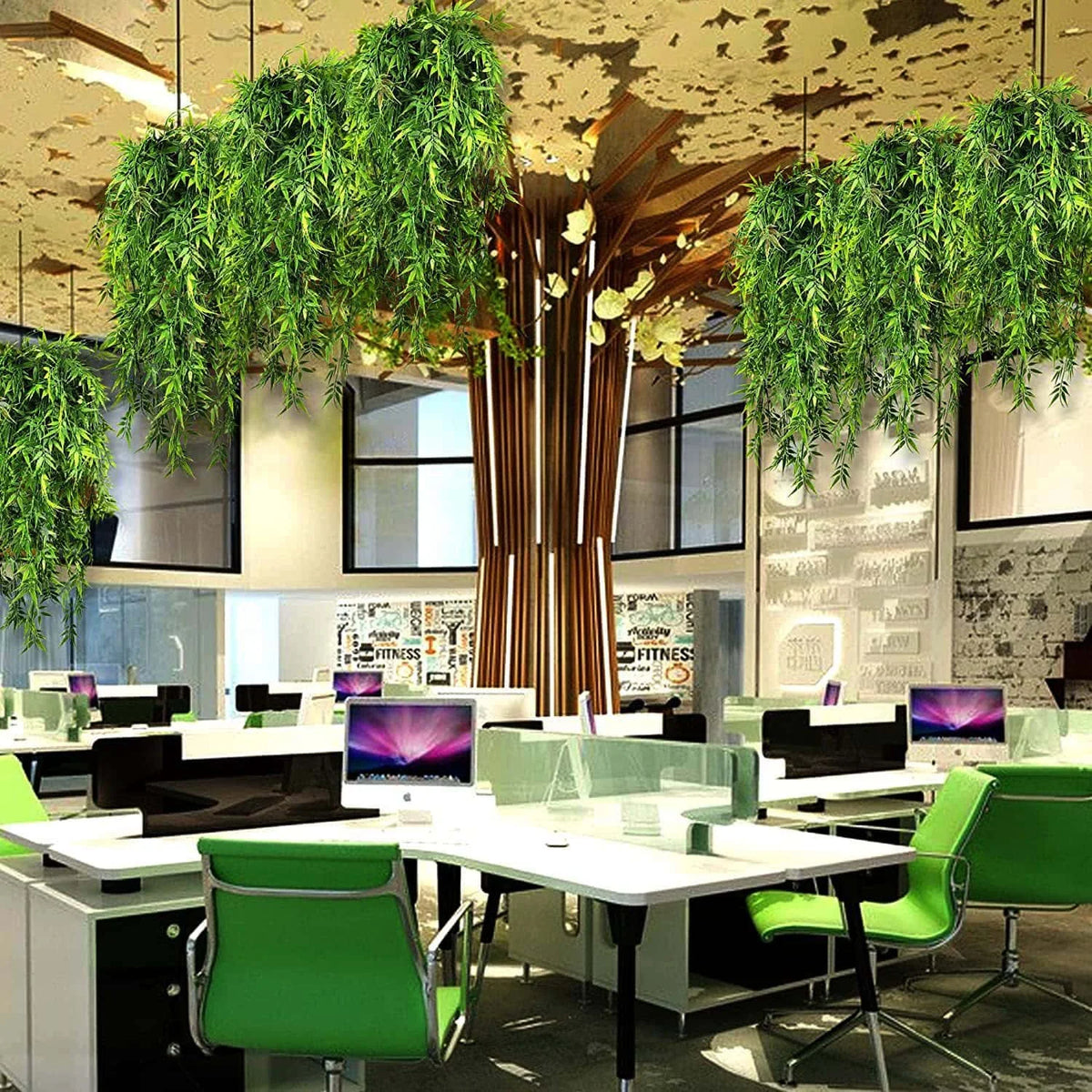 Artificial green hanging vine greenery decorating an office space with modern furniture.