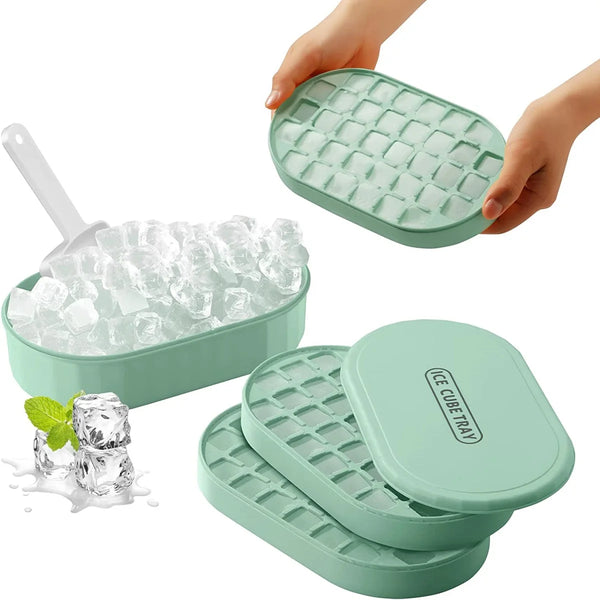 A teal double layer ice cube tray with a lid is shown being held and placed next to a block of ice.