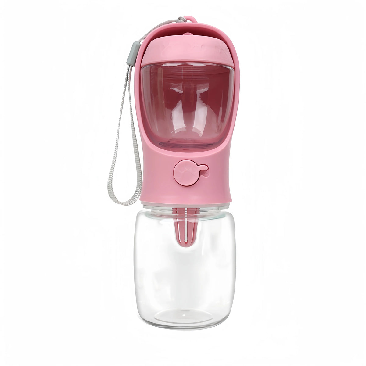 A pink and clear all-in-one portable pet water bottle with food storage container.