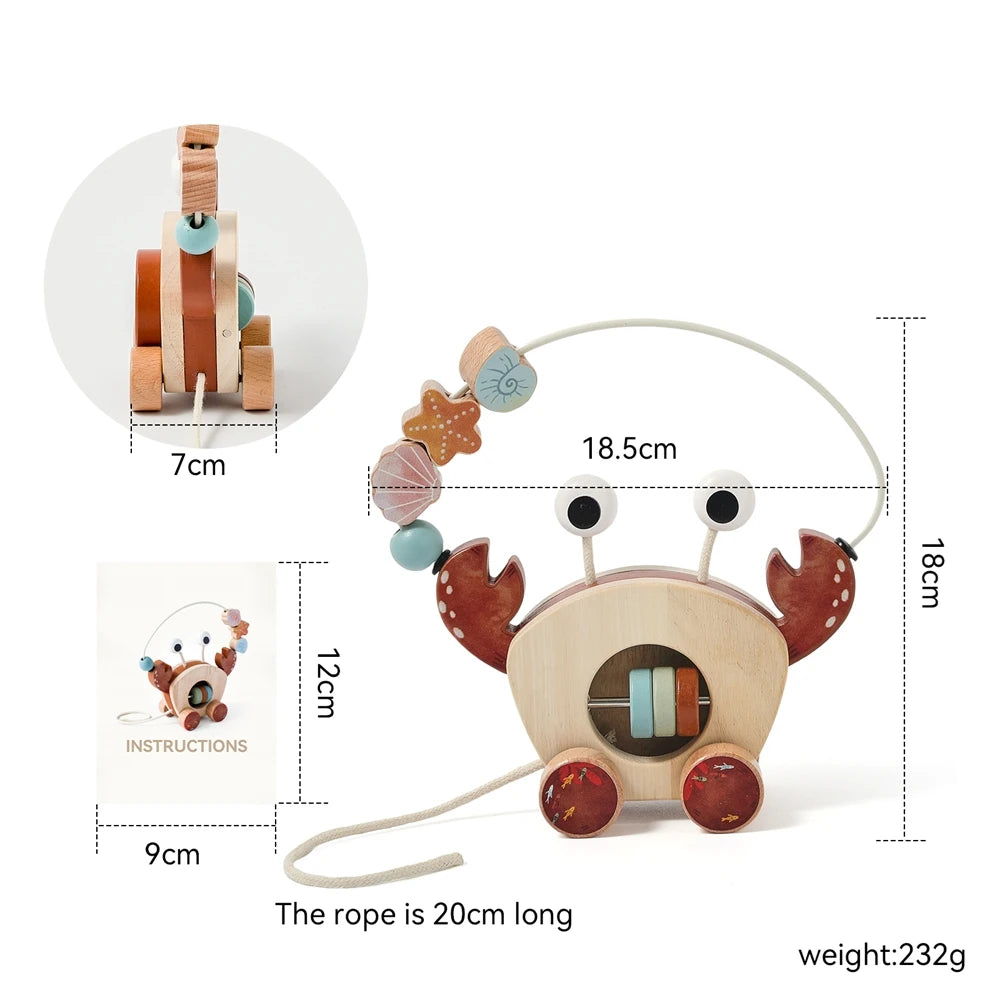 Montessori Wooden Crab Pull Toy with Bead Maze and Life Skills Activities