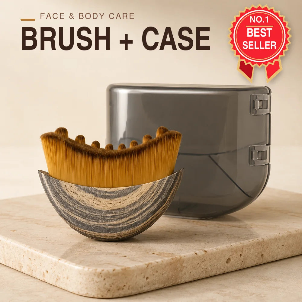A yellow facial massage brush with wooden bristles is shown next to its gray case on a light surface.