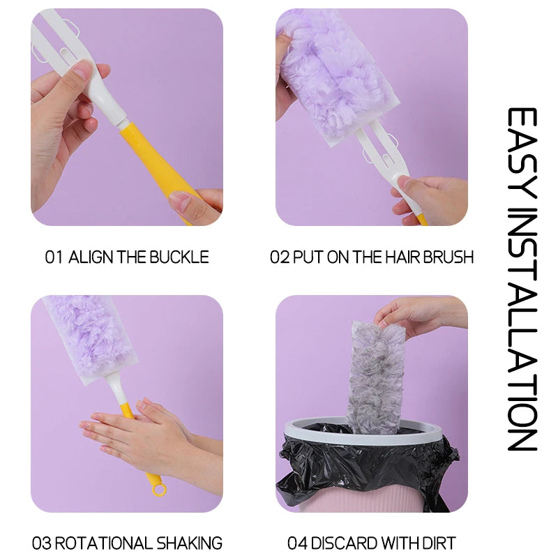 Four steps showing how to install a 360° rotating double-sided feather duster for cleaning.