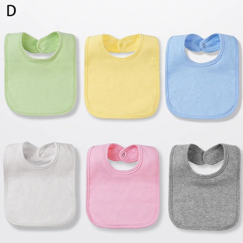 A set of six cotton bandana bibs in various colors including lime green, yellow, light blue, white, pink, and gray.