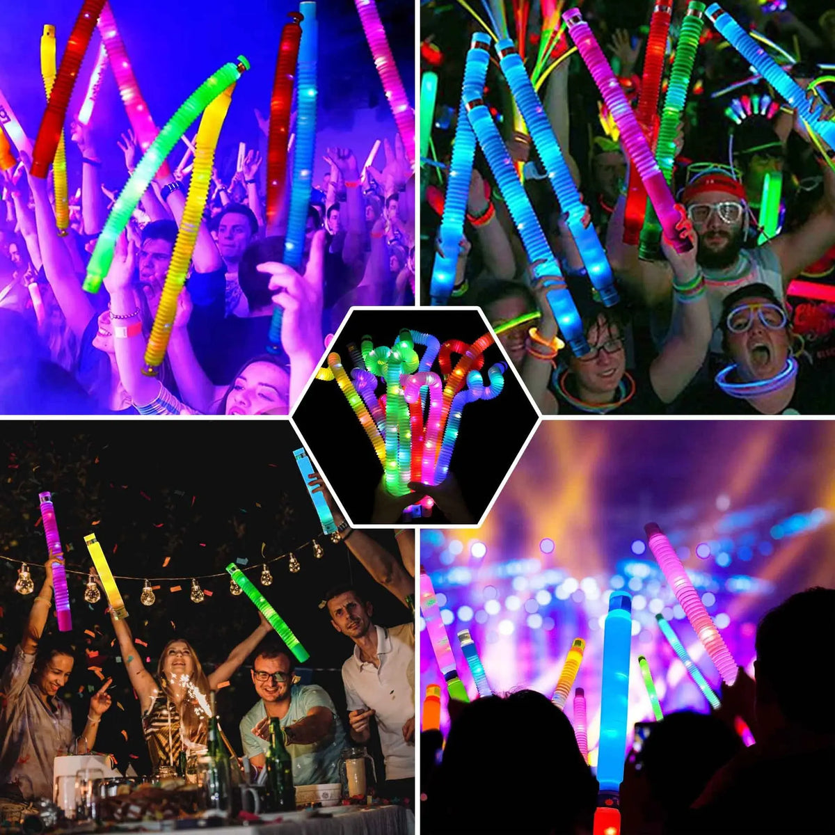 A group of people celebrating with colorful LED flash pop tubes in a party setting