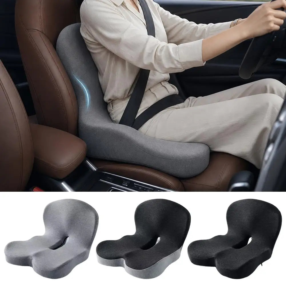 Three views of a gray memory foam car seat cushion with lumbar support for ergonomic seating.