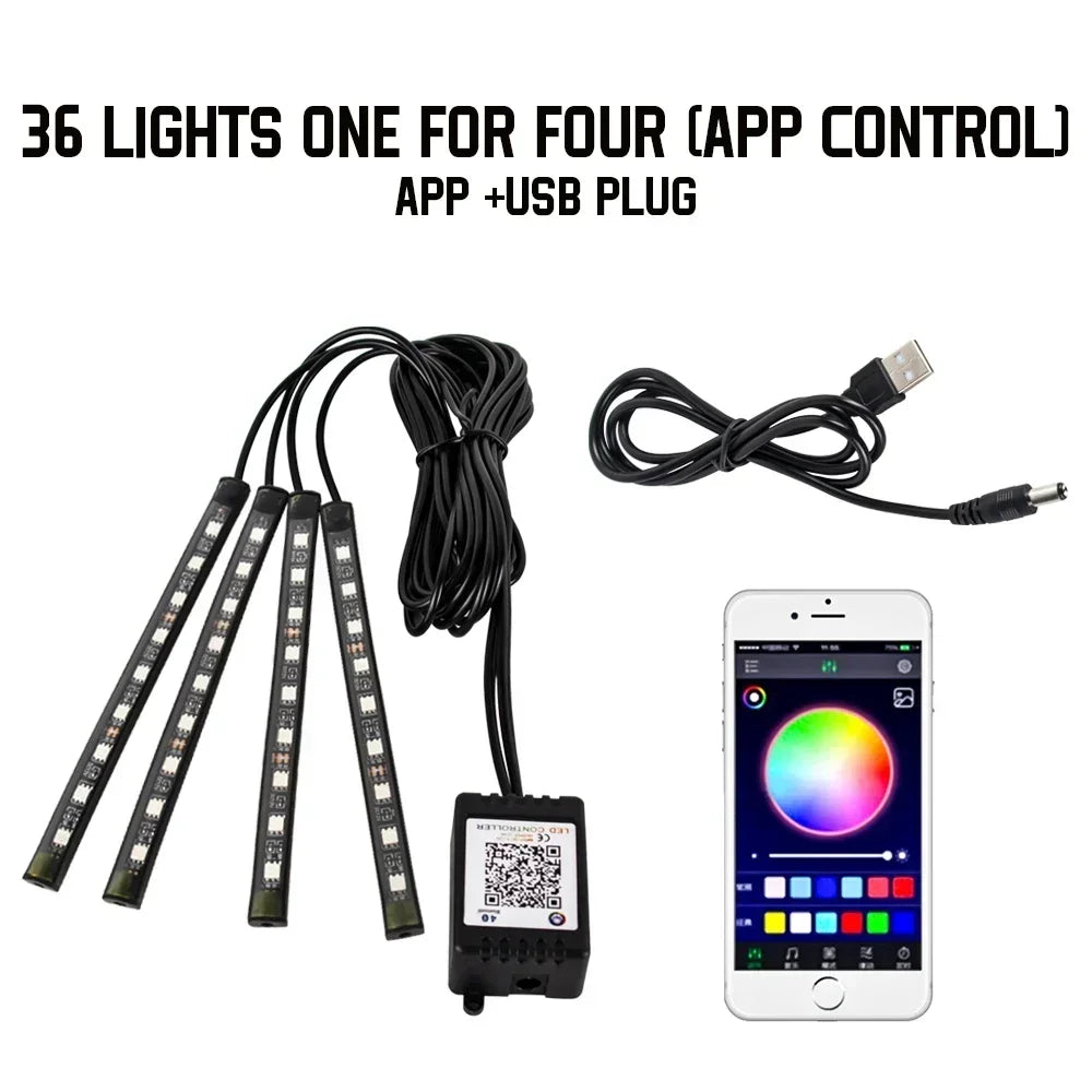 A set of 36 lights for a car underglow strip, including an app and USB plug for control.