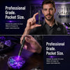 A man demonstrates a mini UV LED pen light illuminating a purple crystal, highlighting its professional grade and pocket size