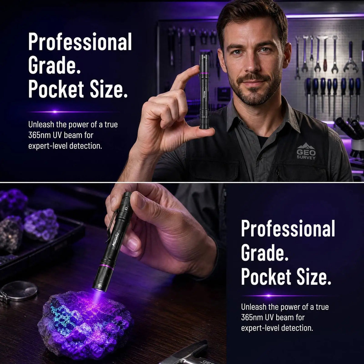 A man demonstrates a mini UV LED pen light illuminating a purple crystal, highlighting its professional grade and pocket size