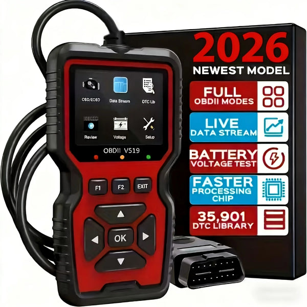 A red and black OBDII V519 diagnostic scanner with a cable and an adapter is shown against a black box.