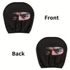 A set of two black eye print car headrest covers shown from the front and back views.