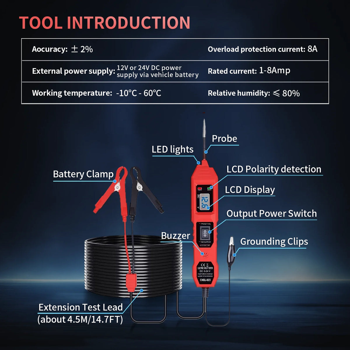 Automotive Circuit Tester with Digital Voltage Display and LED Probe