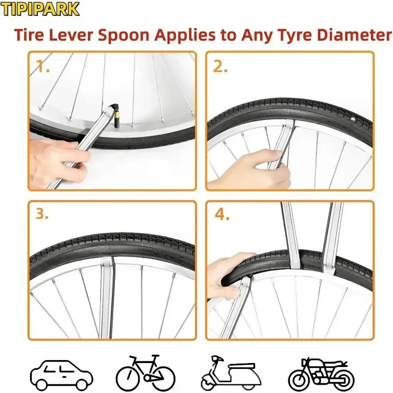 Four steps demonstrating how to apply a tire lever spoon to various tire diameters on bicycles and vehicles.
