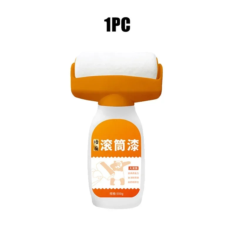 A white bottle of antibacterial wall repair paint with an orange cap and a white roller brush attached.