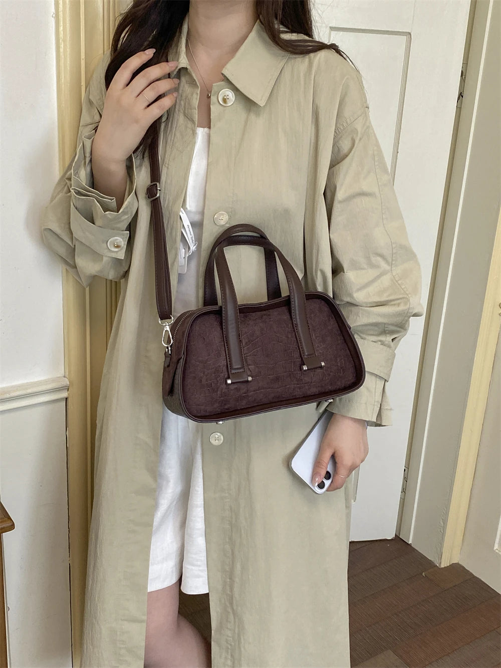 Vintage Croc-Embossed Mini Boston Bag with Dual Straps