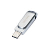 Silver SanDisk Ultra Dual Drive Luxe USB 3.2 flash drive with Type-C and Type-A connectors.