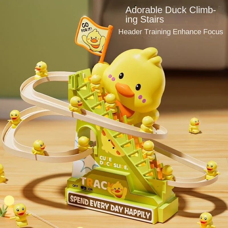 A yellow duck climbing stairs toy for header training featuring a ramp and various levels.
