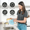 A woman is using a blue microfiber tear-off towel roll for kitchen cleaning on a stainless steel sink.