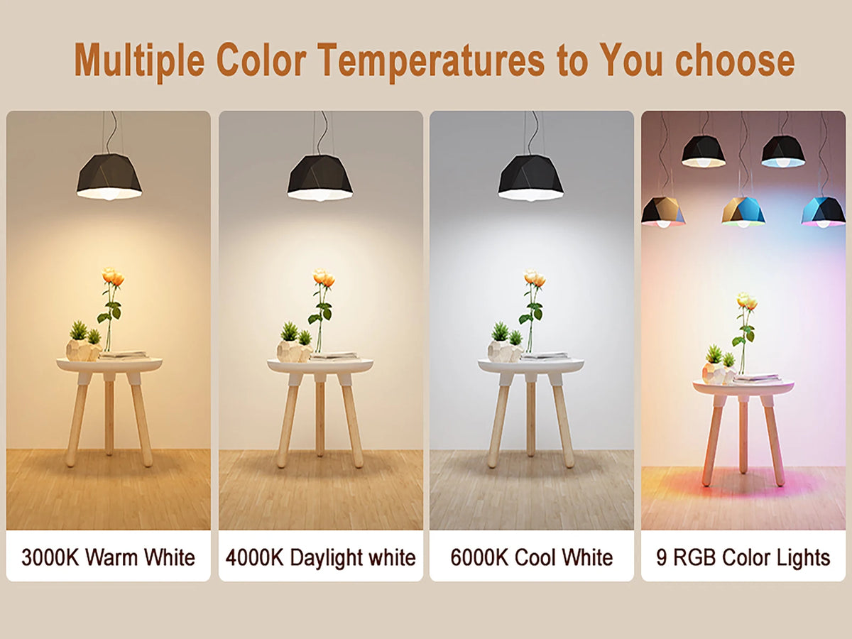 Multiple color temperature light bulbs displayed in various white and RGB modes with modern pendant fixtures.