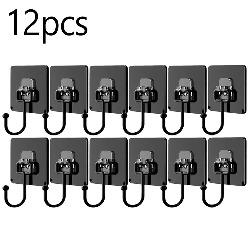 Twelve black adhesive hooks with hanging loops for kitchen, bathroom, and storage use