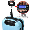 A portable digital luggage scale is shown measuring 19KG without a battery, placed on a light blue suitcase.