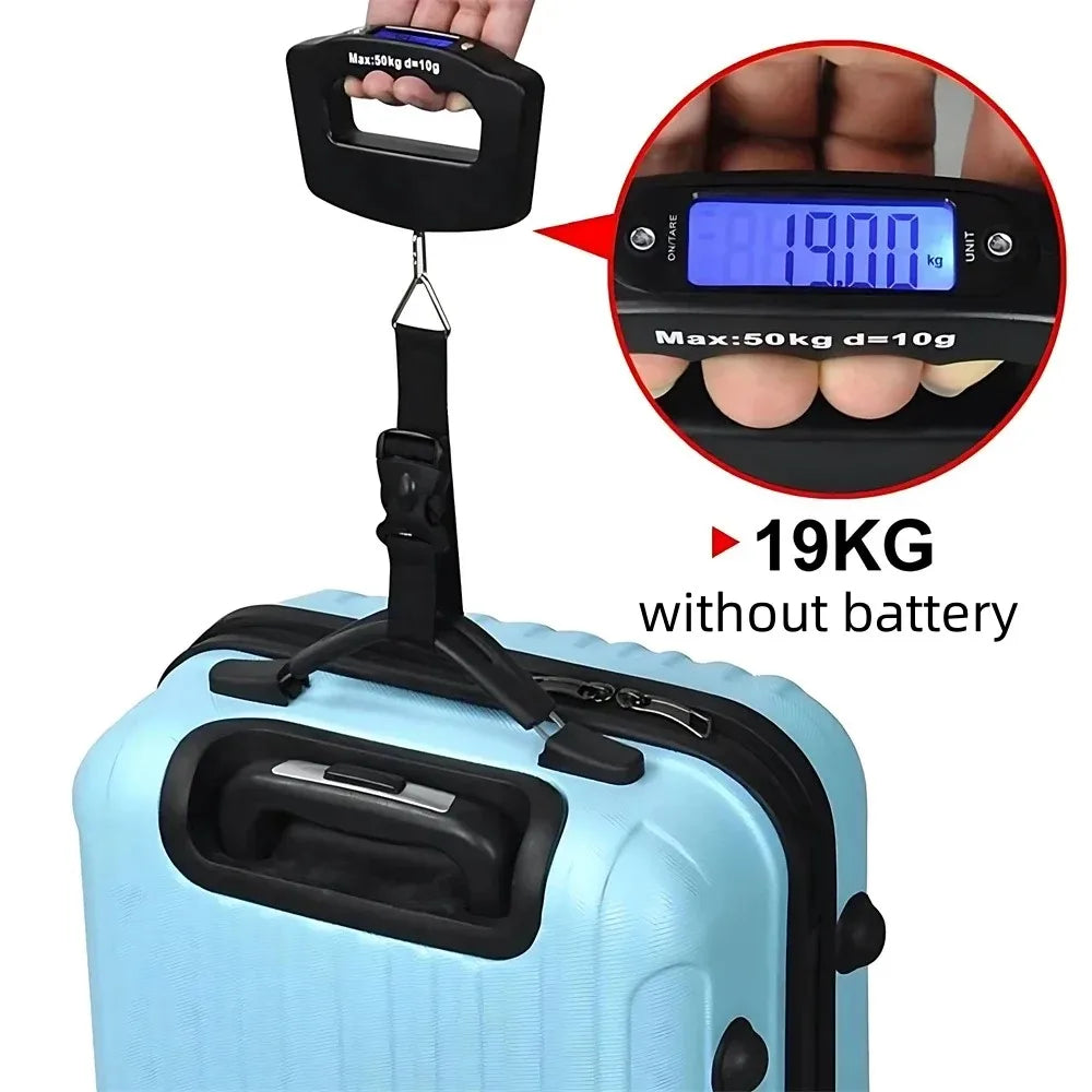 A portable digital luggage scale is shown measuring 19KG without a battery, placed on a light blue suitcase.