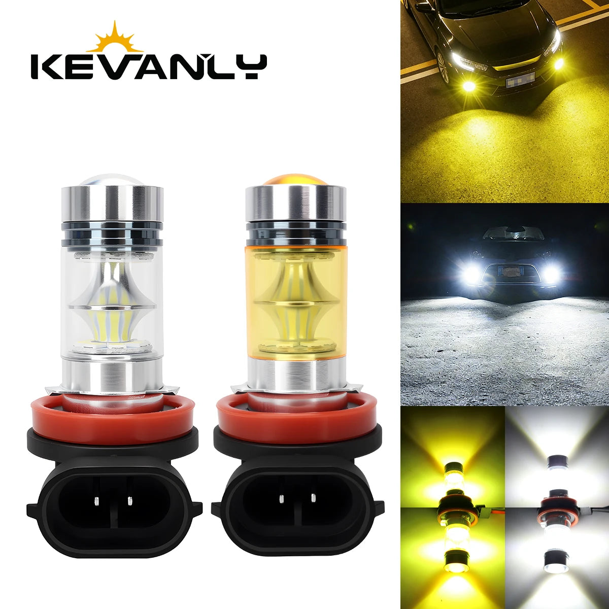 Pair of yellow and white LED fog light bulbs for vehicle headlights