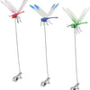 Three lifelike dragonfly garden clips in red, blue, and green designs with insect repellent features