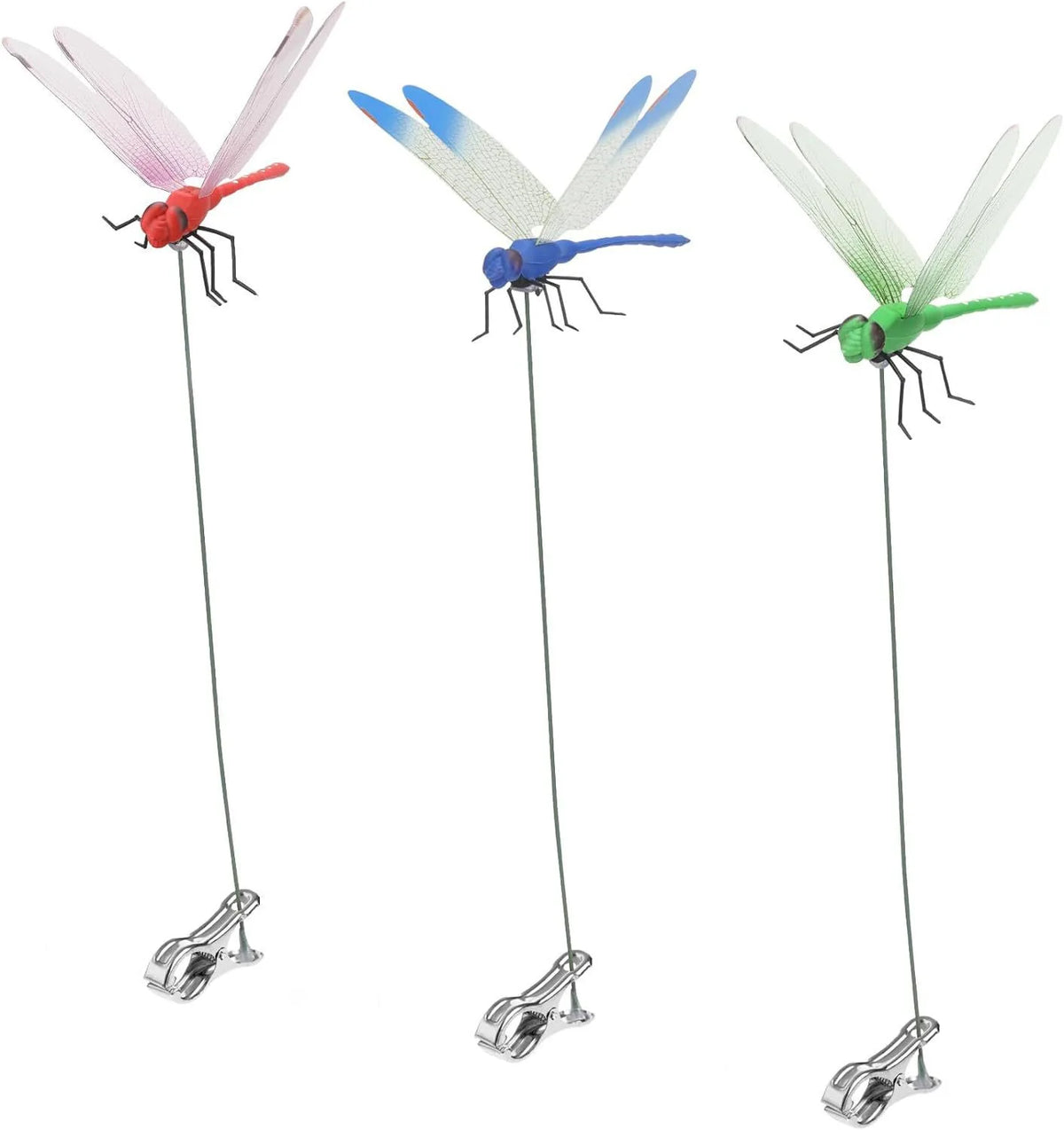 Three lifelike dragonfly garden clips in red, blue, and green designs with insect repellent features