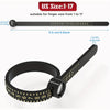 A black ring sizing tool with a ruler and magnifier showing finger sizes from 1 to 17.