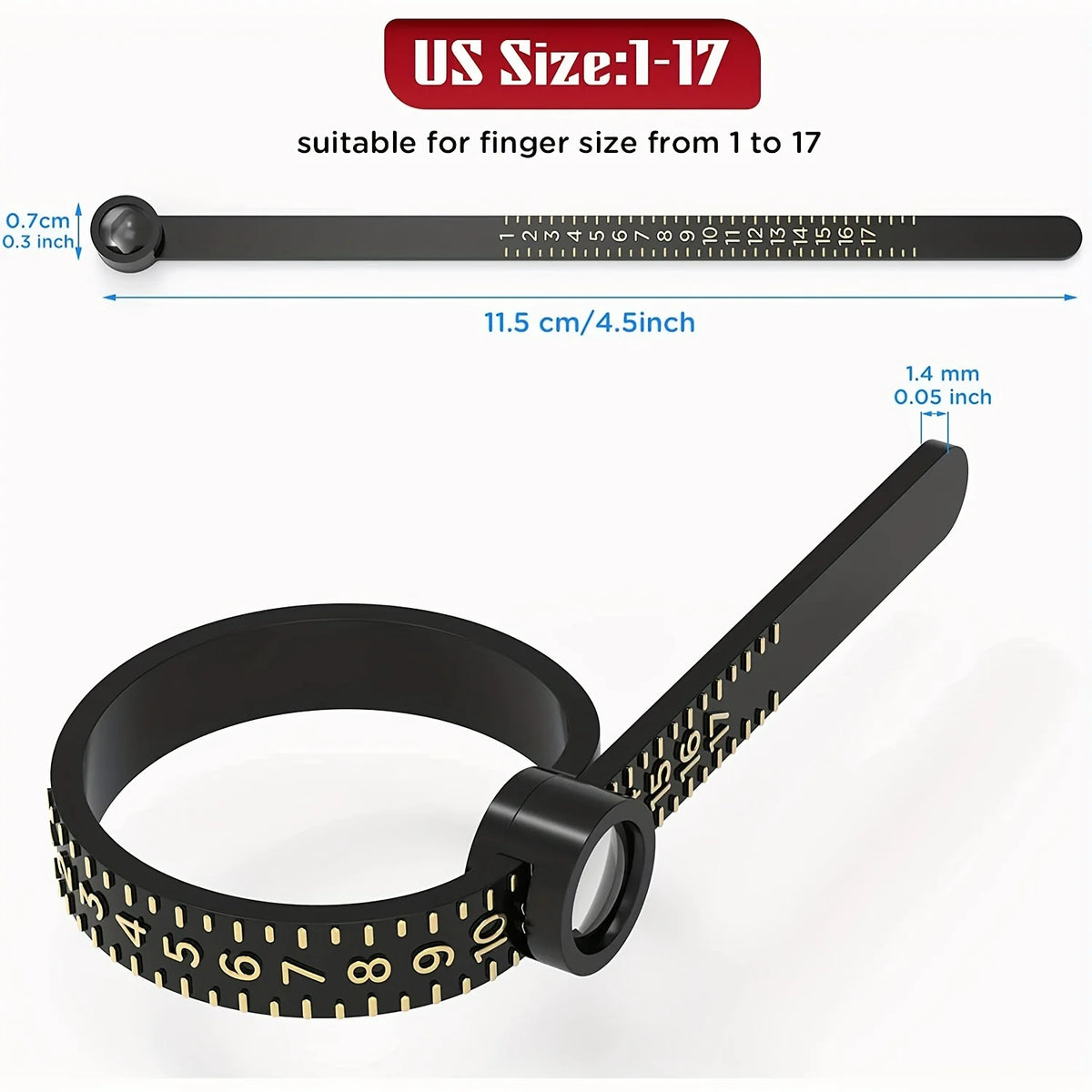 A black ring sizing tool with a ruler and magnifier showing finger sizes from 1 to 17.