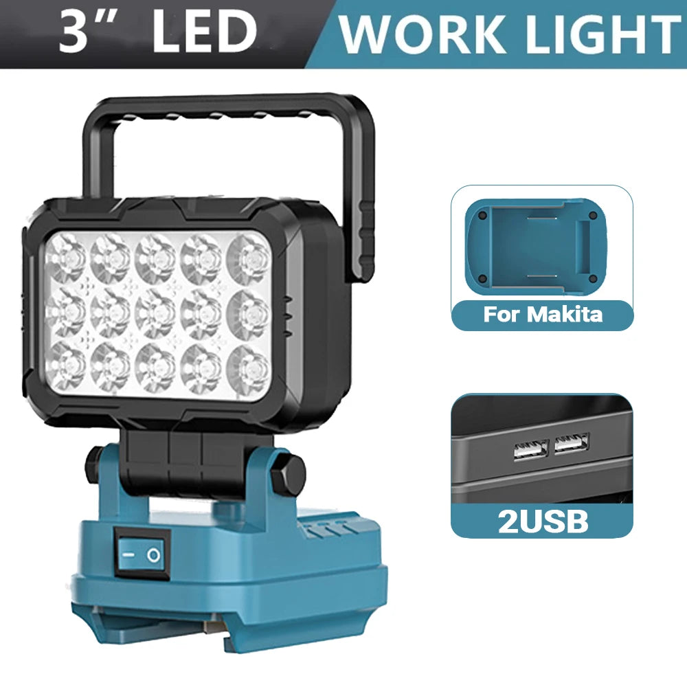 A black portable LED work light with a handle and a blue base, showing its components for Makita compatibility and USB power.