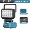 A black portable LED work light with a handle and a blue base, showing its components for Makita compatibility and USB power.