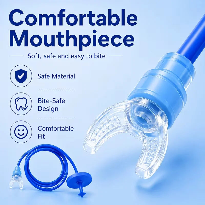A blue silicone mouthpiece and tubing assembly is shown with a clear bite design for a comfortable fit.